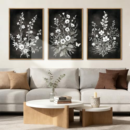 BINCUE Framed Black and White Floral Wall Art Set of 3 Botanical Wall Decor Flowers Paintings Botanical Art Prints White Floral Wall Pictures Black Artwork for Living Room Bedroom Office Farmhouse 16x24 Inches - color: Black White Flower, size: 24"L x 16"
