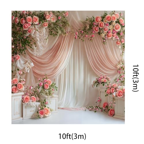 Kate 10x10ft Wedding Backdrop Curtain Pink Floral Decor for Ceremony Photography Background Romantic Bridal Shower Party Photo Booth Props with Rose Garland Drapes - size: 10x10ft
