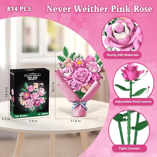 Pink Rose Bouquet Flowers Building Set, 834Pcs Roses Artificial Flowers Botanical Collection Kit for Adults Women & Men Gift for Xmax Gifts for Birthdays for Her Compatible with Lego Flowers