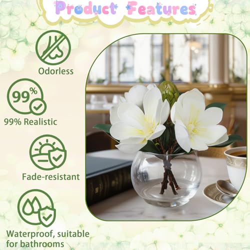 White Magnolia Artificial Flowers with Vase Fake Magnolia Flowers Indoor Real Touch Flowers with Faux Water for Home Decor Centerpieces for Tables - color: Magnolia White