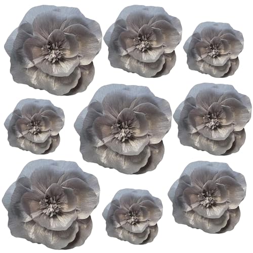 BRT Bearingshui Crepe Paper Flowers Decoration for Wall Total 9 Pcs, Artificial Flowers Backdrop for Wedding Decor Baby Bridal Shower Birthday Party, Silver 3D Wall Flowers Decor - color: Silver