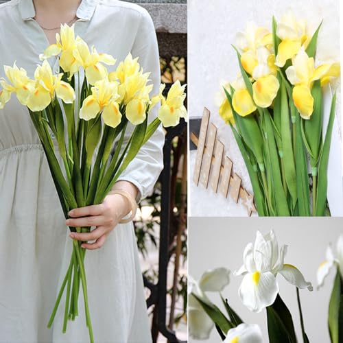 Yellow Iris Artificial Flowers 6 PCS Real Touch Flowers 23.22 in Long Stems Artificial Iris for Wedding Bridal Home Kitchen Party Décor(Yellow) - color: Yellow