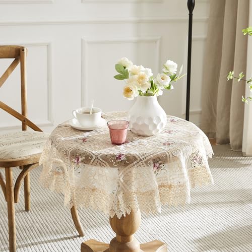 LinenZone Gold Farmhouse Tablecloth with Colorful Flower Design. 60 Inch Round Tablecloth for Small Table, Dresser, Coffee Table. Macrame Cover for Farmhouse Decor. (Viola 60 Round, Linen) - color: Linen, size: 60" (Round)