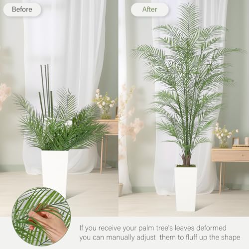 GarveeHome 6 ft 72 in Faux Areca Palm Plants Fake Palm Tree w/ 44 Realistic Trunks & Full Lifelike Palm Leaves Artificial Dypsis Lutescens Plants for Indoor Home Décor with Trapezoidal Prism White Pot