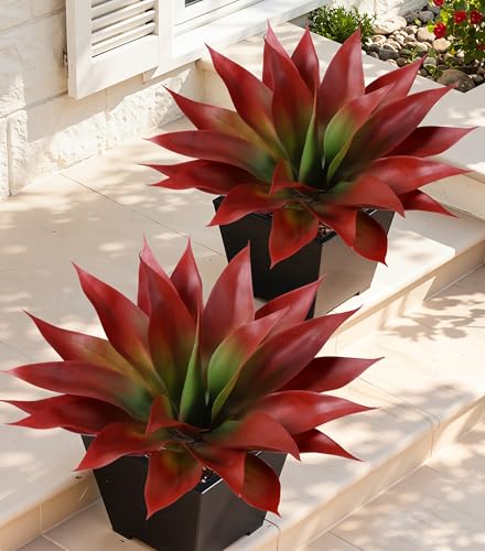 Ivydale Fake Plants 18 Inch Agave Artificial Plants Outdoor 2 PCS for Outside Decoration, Faux Greenery UV Resistant Artificial Outdoor Plants for Front Door Porch Planter Urn Patio Garden Yard(Red) - color: Red, size: 18 Inches