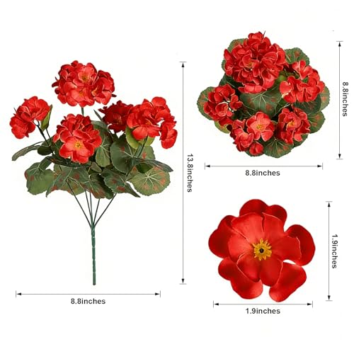 Artificial Geranium Fake Flowers for Outdoor UV Resistant, Outside Spring Red Pink Flower Decoration for Home Kitchen Table Cemetery Garden Planter, Front Door Silk Faux Plants - color: Red, size: 4ps