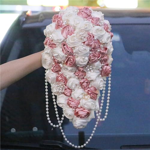 Handmade Satin Rose Water Drop Bridal Bouquet,8.7inch Crystal Wedding Round Tossing Bouquet,Jewelry Proposal Bridesmaid Bouquet Groom Corsage Bride Wrist Flower Ivory (Pink) - color: Pink