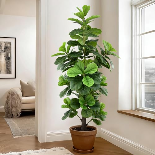 Artificial Fiddle Leaf Fig Tree 6ft, Tall Faux Ficus Lyrata Plant with Realistic Leaves and Trunk, 72" Fake Fig Trees in Black Pot for Home Office Living Room Porch Indoor Outdoor Decor