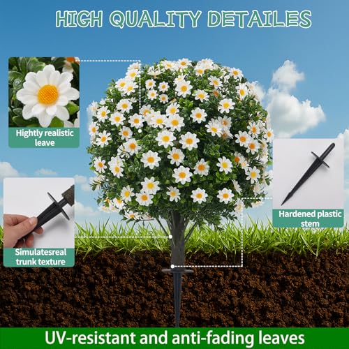 Set of 2 Artificial Cypress Topiary Ball Trees with White Mum Flowers, 24" H UV Resistant Faux Outdoor Plants with 7" H Ground Spike, Fake Round Shrubs for Porch, Patio, Garden Decor - color: Boxwood-daisy