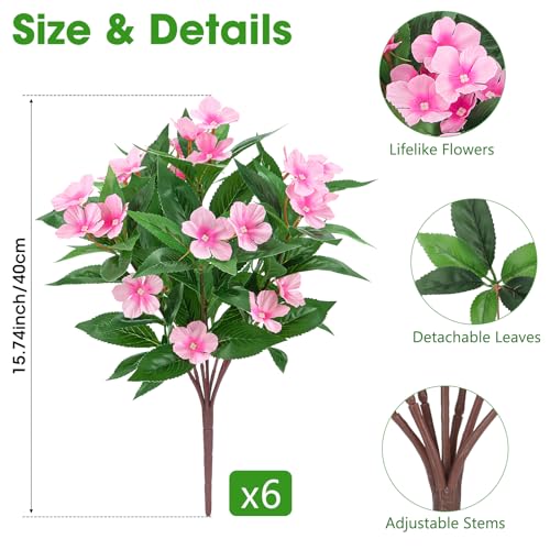 6 Pcs Artificial Flowers for Outdoors Fake Silk Periwinkle Flowers Faux Plants UV Resistant Bouquet Decorations for Planters Spring Summer Garden Porch Patio Window Box Balcony Home, Pink - color: Pink