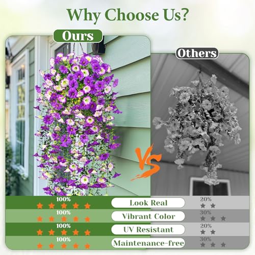 Artificial Hanging Flowers for Outdoors, Fake Hanging Flowers for Decoration, UV Resistant Artificial Outdoor Plants, 2 Pcs Morning Glory for Outdoors Garden Patio Porch Yard Decor, Purple&Purple Edge - color: Purple&purple Edge, size: 2 Pack