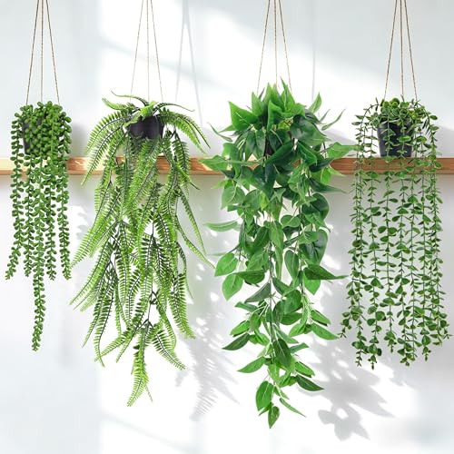 Der Rose 4Pcs Fake Plants Hanging Artificial Ivy Vine Faux Eucalyptus Hanging Plants, Boston Fern, String of Pearls for Living Room Aesthetic Bedroom Boho Kitchen Wall Shelf Indoor Outdoor Decor - color: Black Pot