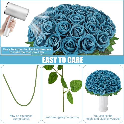 36 Pcs Velvet Texture Teal Artificial Flowers Bridal Bouquet, Fake Rose Long Stem Realistic Flowers Bulk for Valentine's Day Wedding Bouquet Ball Arrangement Centerpiece Party Home Decor - color: Teal