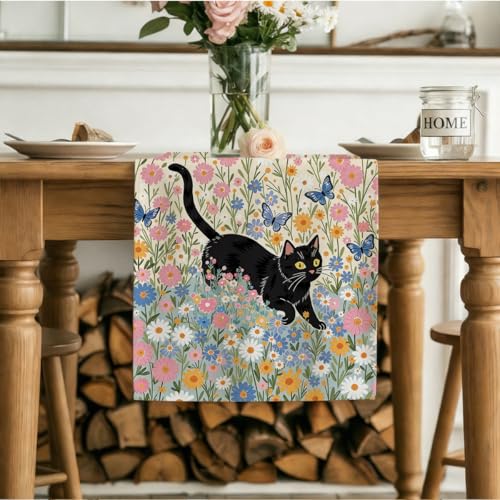 Black Cat Spring Table Runners Floral Spring Table Runner for Home Pink Daisy Party Decorations for Home Office Kitchen Living Room Farmhouse Apartment13 x 72 Inch - color: Black Cat 02