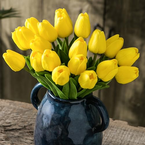 Tanvecle 20pcs Yellow Artificial Tulip Flowers, Silk Fake Flowers 13" for Mother's Day, Easter, Valentine’s Day Gifts in Bulk, Home, Kitchen, Wedding Decorations - color: Yellow