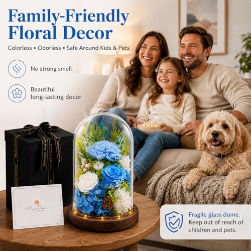 Preserved Flowers in Glass, Preserved Rose with 1 Carnation & 2 Roses, Eternal Real Flowers for Women Mom Grandma, Forever Rose Bouquet for Anniversary Birthday Mother's Day Lasts 3-5 Years - color: Blue