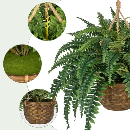 Hollyone Large Fake Hanging Ferns 49 Leaves Boston Ferns Artificial Plants Outdoor Indoor Potted Plant 23.6inch Faux Fern in Baskets Pot Artificial Hanging Fern Bush Plant for Patio Garden Porch Decor - size: Hanging Fern