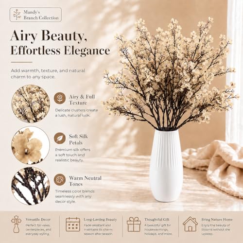 Mandy's 6 Bundles Artificial Champagne Baby’s Breath Flowers | 18.5 Inch Silk Gypsophila European Style Modern Home Decor Centerpiece Neutral Wedding Flower Arrangements - color: Champagne