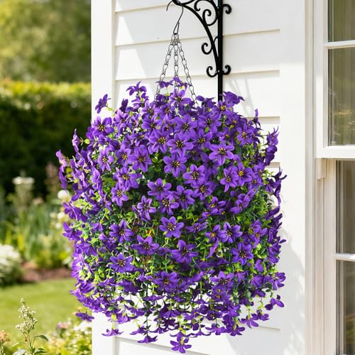 Artificial Hanging Baskets Outdoor, 4 Bundles Artificial Hanging Flowers Outdoors Spring Summer Decoration, No Fade Realistic Fake Hanging Baskets for Porch Patio Balcony Home Yard Decor - color: Purple