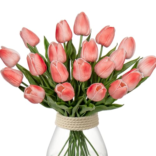 20 Pcs Coral Tulips Artificial Flowers Real Touch Fake Tulips Fake Flowers for Mother's Day 13.5" Faux Tulips Faux Flowers Bulk Artificial Tulips Flowers for Vase Centerpieces Home Wedding Bouquet - color: Coral #20