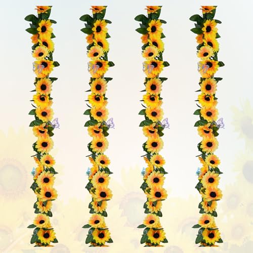 4 Pack Artificial Sunflower Garland Decorations,7.5ft Silk Sunflowers Hanging Fake Vines with Green Leaves,Garland for Table Mantel Birthday Backdrop Garden Wedding Wall Decor,No Fade & Easy Clean - color: Yellow4, size: 4 Pack