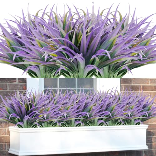 16Pcs Artificial Grass Fake Plants 17.3in Outdoor Plants UV Resistant Faux Greenery Stems Fake Grass for Home Window Garden Office Patio Pathway Front Porch Halloween Décor Green & Purple - color: Green & Purple, size: 16 Pcs