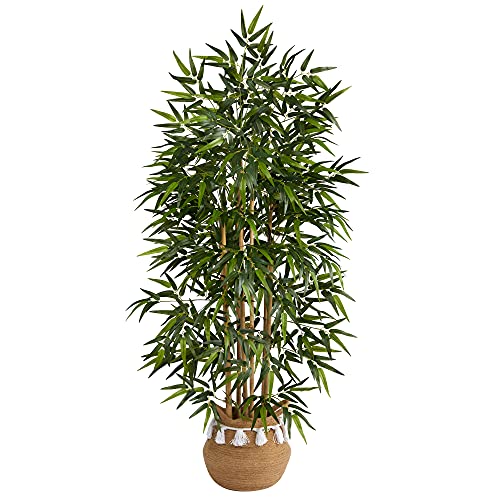 Nearly Natural 64in. Bamboo Artificial Tree with Natural Bamboo Trunks in Boho Chic Handmade Natural Cotton Woven Planter with Tassels