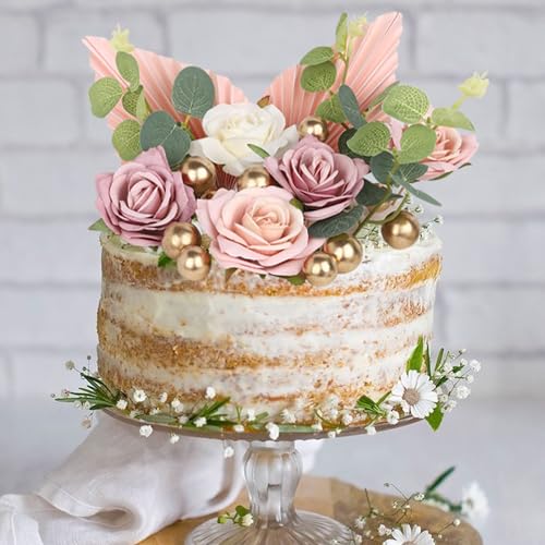 Rsstarxi 22 Pack Rose Artificial Flower Leaves Cake Decorations Gold Balloon Paper Palm Fan Cake Toppers for Happy Mother's Day DIY Wedding Bithday Valentine's Day Party Cake Decorations Supplie - color: Design 2