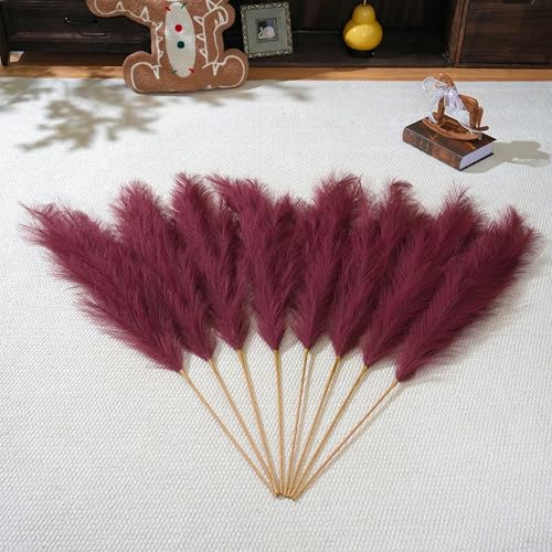 Premium Faux Burgundy Red Pampas Grass – 43.3" Tall Fluffy Romantic Decor, 8pcs 18-Branch One-Piece Stems No Assembly, Luxury Feather Flowers for Wedding Holiday Decor (Claret Red, 8 Stems / 110cm) - color: Faux Claret Red, size: 8pcs 43.3"(110cm)