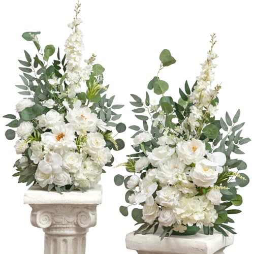 TINGE TIME Free-Standing Artificial Flower Set of 2, Table Centerpiece with Rubber Pad, Silk Fake Flower for Wedding Centerpiece Archway Aisle Welcome Entrance (IvoryWhite) - color: Ivorywhite