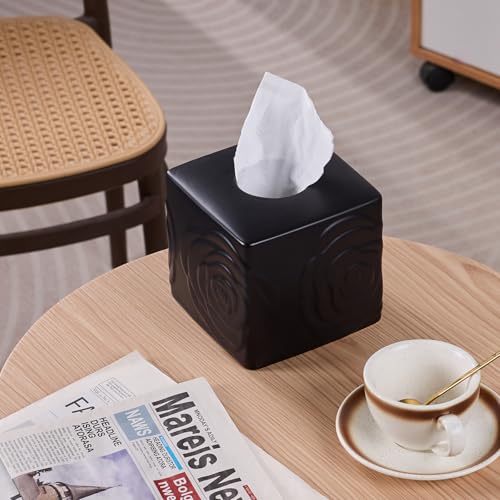 Black Ceramic Rose Tissue Box Cover, Carved Flowers Large Square Tissue Box Holder Decorative for Bathroom, Vanity, Kitchen Countertop, Bedroom Night Stands, Office Desk Top - color: Black