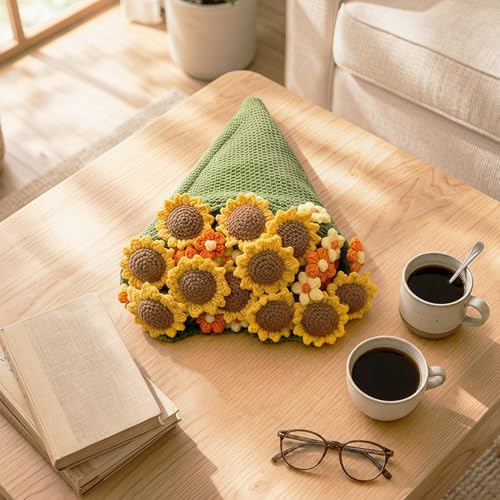 Crochet Flower Bouquet Throw Blanket, Cute Romantic Gift for Her Girlfriend Mom Mother’s Day Valentine Wedding Anniversary Birthday (Green Sunflower, 40 inches) - color: Green Sunflower, size: 40 inches