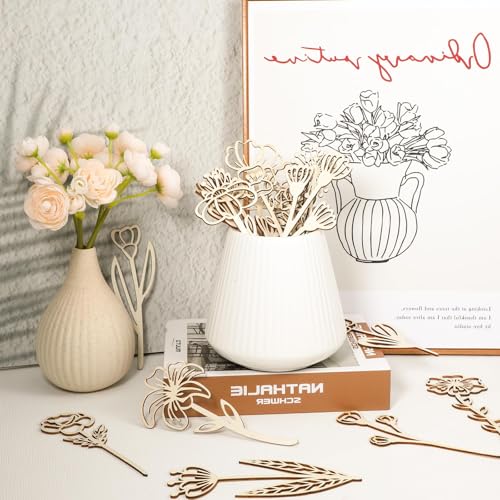 Ptwola 54PCS Wooden Wildflower Decor Set Wood Colorable Flowers Floral Cutouts Signs Laser Cut Stems Crafts Bouquet Boho Wall Decals for Home Birthday Holiday Art DIY Nursery Bedroom Decoration