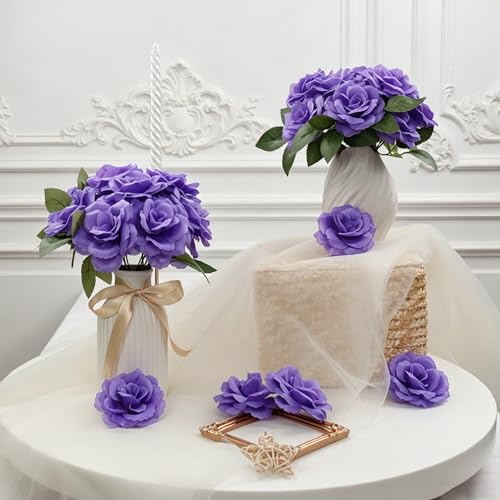 50 Pcs Rose Flower Head, Artificial Flowers Bulk for DIY Crafts, 3in Fake Rose Silk Flower Head wit Stem, Faux Flowers for Decoration, Wedding Home Party Decor Garland Decor (50, Deep Purple) - color: Deep Purple