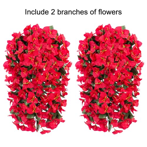 HyeFlora Bougainvillea Artificial Hanging Flowers Plants for Outdoors Decoration, 2pcs Red Fake Flowers Silk Bougainvillea Vines Realistic UV Resistant Faux Flowers for Outside Planters Porch Patio - color: Red