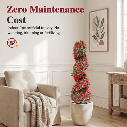 PATIO CHOICE 3ft Artificial Topiary Spiral Trees with Rose Set of 2 36" High End Outdoor Faux Plants Realistic Faux Bushes and Shrubs Decorations for Outdoor Front Porch Garden - color: Spiral Rose, size: 3ft