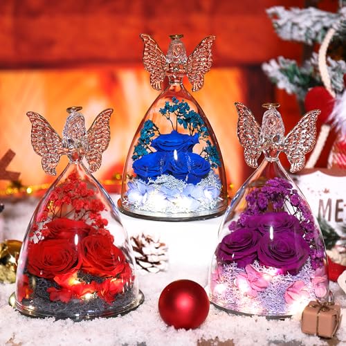 Mothers Day Rose Gifts for Women Preserved Real Flower in Glass Angel Figurines Roses for Delivery Prime Birthday Gifts for Mom Grandma Girlfriend Wife Her, Full Purple - color: Purple Pur