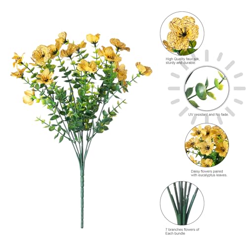HyeFlora Artificial Fall Flowers Faux Mums for Outdoor Indoor Garden Home Decoration, Faux Flower Daisy with Eucalyptus Leaves Fake Plants Greenery Boxwood Porch Patio, 12 Bundles (Yellow) - color: Yellow