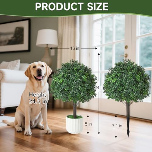 Boxwood Topiary Ball Trees Artificial Outdoor Set of 2, Dual-Base Weighted Planters/Spikes UV Resistant Fake Evergreen Bushes Plants for Front Porch Patio Garden and Door Decor - color: Boxwood Green, size: 24x16''
