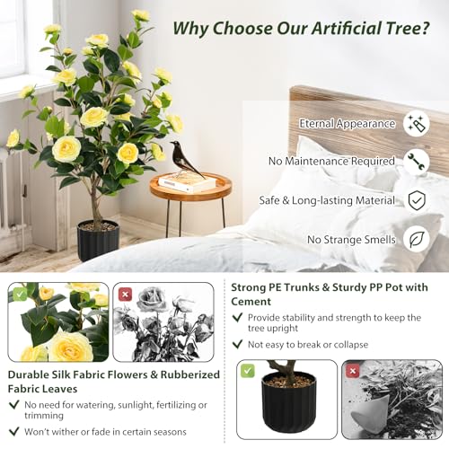 DREAMADE Artificial Camellia Tree Set of 2, 38” Tall Potted Plants Artificial Decoration w/Cement Pot, 24 Flowers, Decorative Bonsai, Faux Plant Greenery for Indoor Living Room Office Dining Room - color: Yellow,2