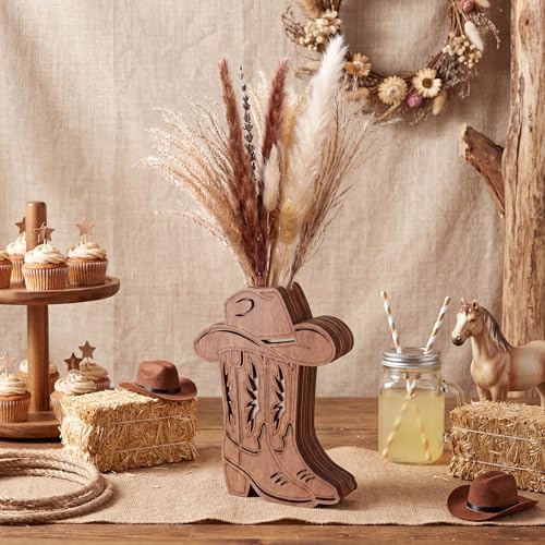 LemonRoad 6 Pcs Wooden Cowboy Boot Vases for Wedding Small Cowboy Boot Hat Flower Vase for Flower Faux Greenery Rustic Western Decor for Table Centerpiece Weddings Party - color: Brown, size: Boot with Hat