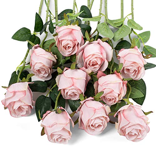 10pcs Artificial Rose Flowers Long Stem Fake Silk Roses for DIY Wedding Bouquet Table Centerpiece Home Decor (Light Pink) - color: Light Pink