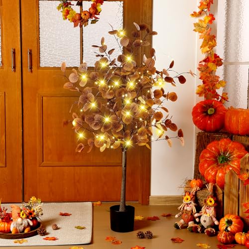 1 Pcs 4ft Lighted Fall Eucalyptus Leaves Branches Artificial Autumn Ficus Fall Long Silver Dollar Leaves Fake Silk Eucalyptus Stems with Lights Faux Tree Decor for Porch Front Outdoor - color: Yellow Brown