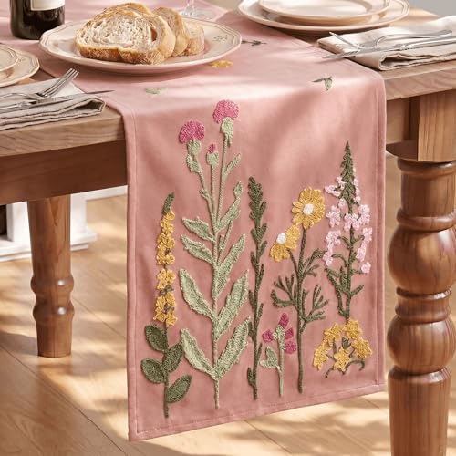 Artoid Mode Pink Soft Chain Embroidery Wild Floral Spring Table Runner, Seasonal Summer Kitchen Dining Table Decoration for Home Party Decor 13x72 Inch - color: Pink, size: 13" x 72", Table Runner