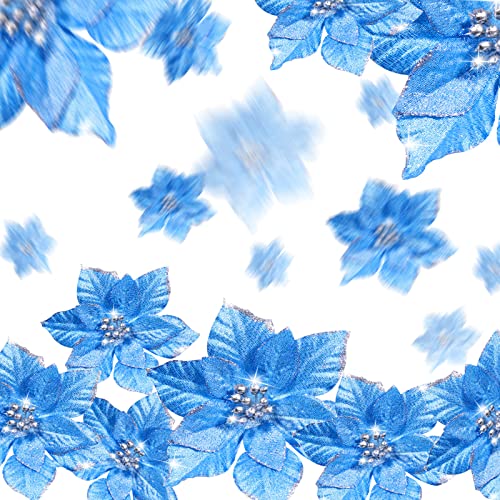 Geosar 100 Pcs 3 Size Christmas Poinsettia Flowers with Clips Glitter Artificial Flowers Small Christmas Tree Ornaments Faux for Xmas Party DIY Craft Wreath Garland New Year, 3/4/6 Inches(Blue) - color: Blue