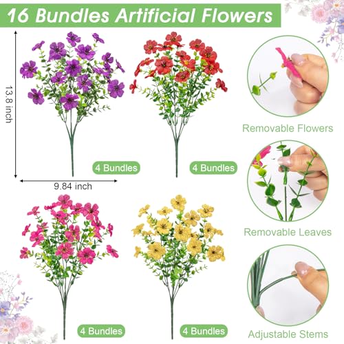 Bassion Artificial Flowers for Outdoors, 16 Bundles UV Resistant Fake Flowers Realistic Silk Faux Plants for Outdoor Planter Window Box Porch Patio Garden Home Outside Decorations - color: Purple Fuchsia Red Yellow