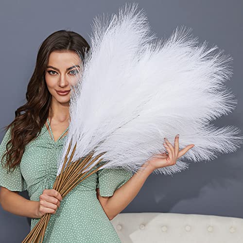 FOTEEWL 8 PCS Faux Pampas Grass Decor 38"/3.1FT Tall Fake Pompas Floral Large Artificial Pompous Grass Branches Plants for Floor Vase Filler Home Boho Decor (White) - color: White