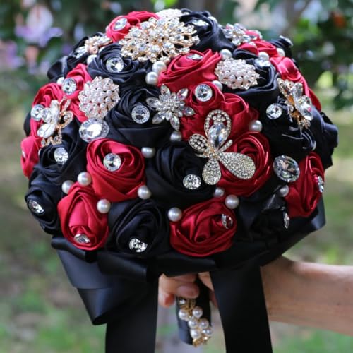 Premade Burgundy Black Wedding Bridal Bouquet Handmade with Gold Brooch Rhinestone Pearl for Bride Bridesmaid Quinceanera Satin Rose Flower Wedding Bouquet Black and Burgundy 7.5in - color: Burgundy & Black, size: Medium (DIA. 7.5"/19cm)