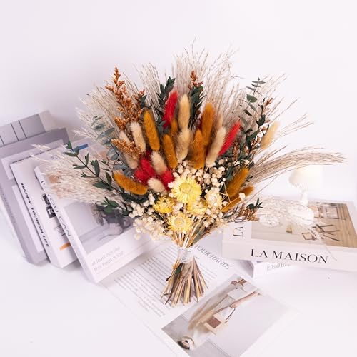 Handmade Bohemian Dried Flower Bouquet – Spring Summer Flowers Arrangement with Strawflower, Pampas Grass, Bunny Tails & Eucalyptus – Rustic Farmhouse, Shelf, Dining Table & Home Decor