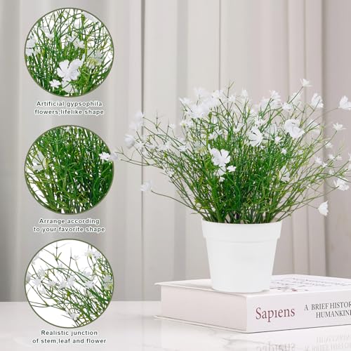 Artificial Babys Breath Potted Fake Plants with Flowers Faux Plants Indoor for Home Office Bookshelf Table Room Decor (White) - color: White
